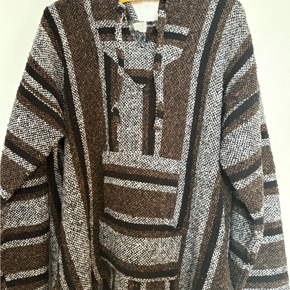 Vintage Baja Mexican Rug Hoodie  chocolate Brown black white Men's size XL